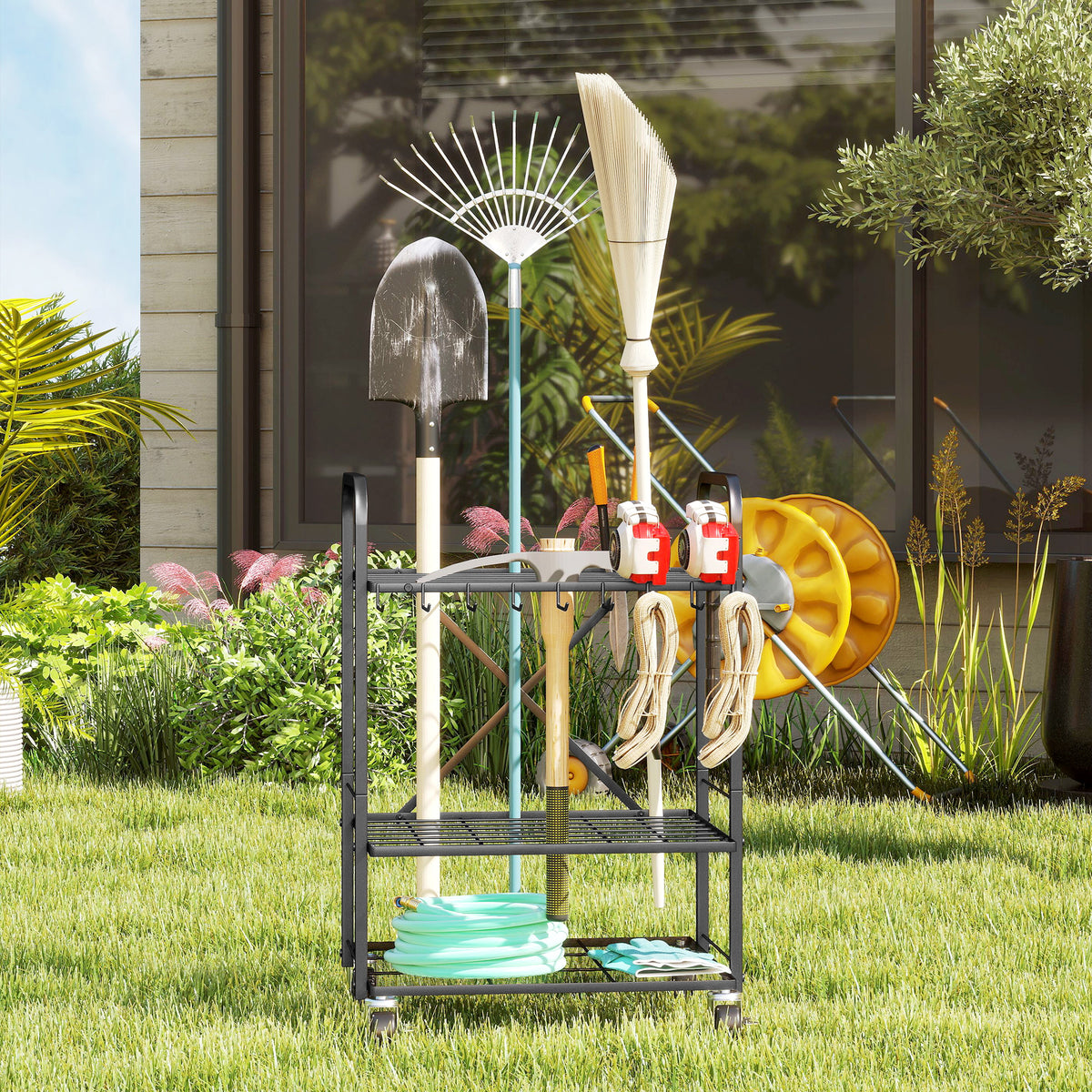Organisateur d'outils de jardin, support à outils de jardin 40 compartiments à 2 niveaux avec roues 57 x 48 x 70 cm noir