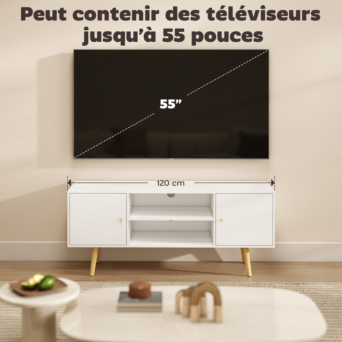Meuble TV style scandinave 2 portes 2 niches passe-fils piètement bois pin panneaux blanc - 120 x 34 x 50 cm blanc