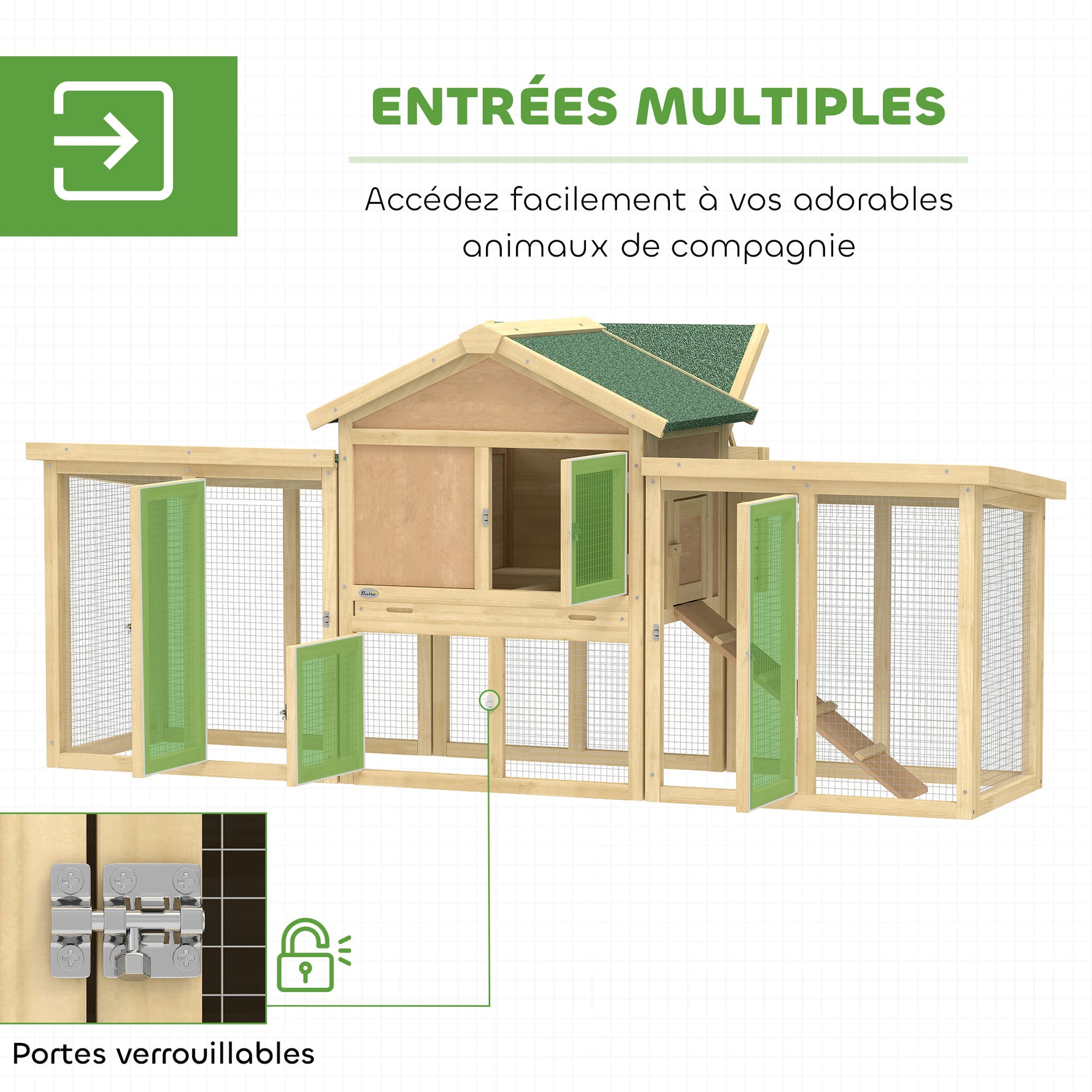 Poulailler clapier modèle chalet multi-équipé : rampes, nichoirs, plateau, en bois massif 204 x 85 x 93 cm bois naturel