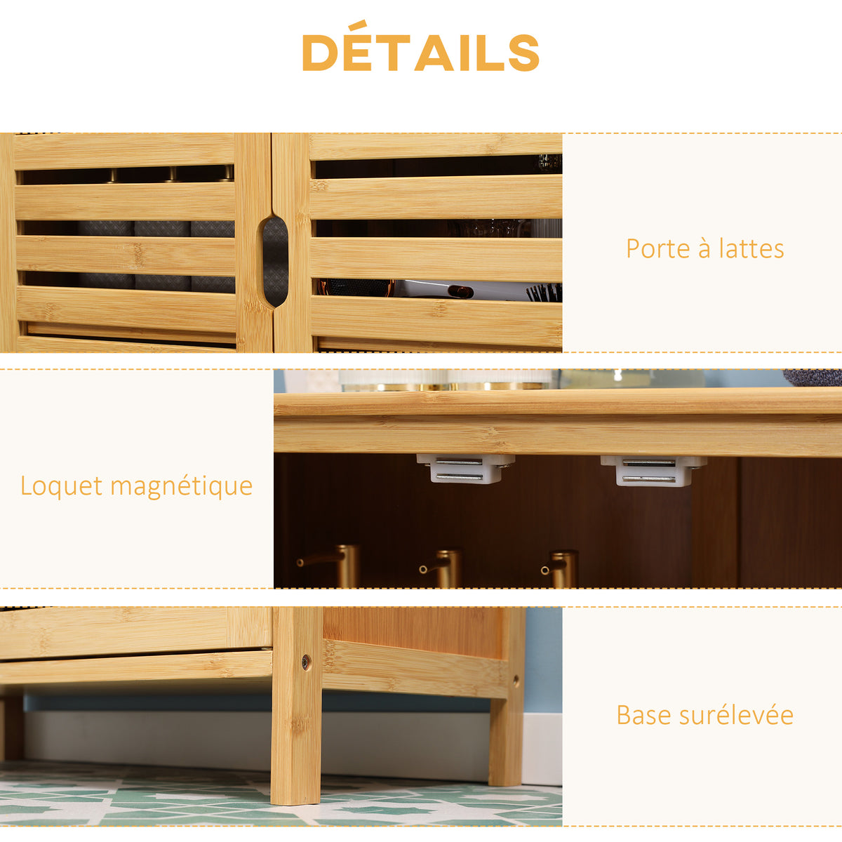 Meuble salle de bain en bambou armoire salle de bain sur pied avec double porte à lattes, 68 x 32 x 86 cm, naturel