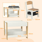 Ensemble 3 pièces table et 2 chaises pour enfant avec plateau réversible tableau noir, panier de rangement, étagères