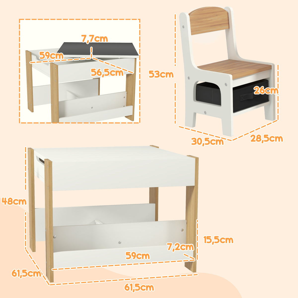 Ensemble 3 pièces table et 2 chaises pour enfant avec plateau réversible tableau noir, panier de rangement, étagères