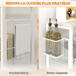 Desserte de cuisine à roulettes, chariot de rangement 3 panier, 1 panier suspendu et crochets, 58 x 18,5 x 87 cm, blanc