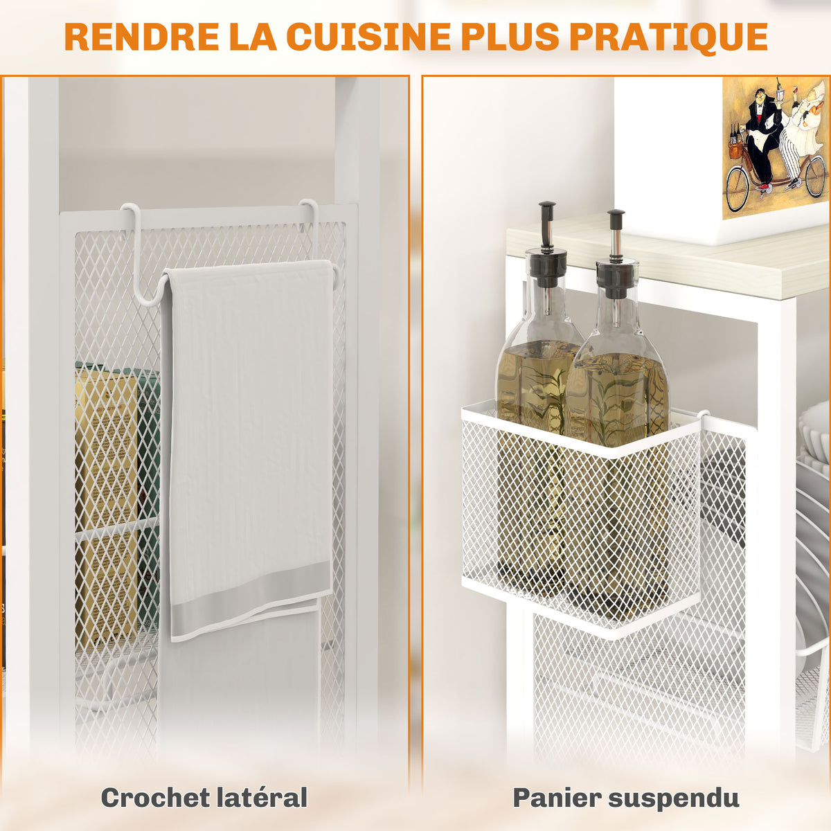 Desserte de cuisine à roulettes, chariot de rangement 3 panier, 1 panier suspendu et crochets, 58 x 18,5 x 87 cm, blanc