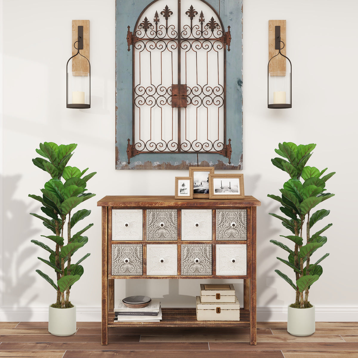 Lot de 2 plantes artificielles 120 cm Figuier lyre arbre artificiel avec pot en plastique et tronc en bois massif, vert