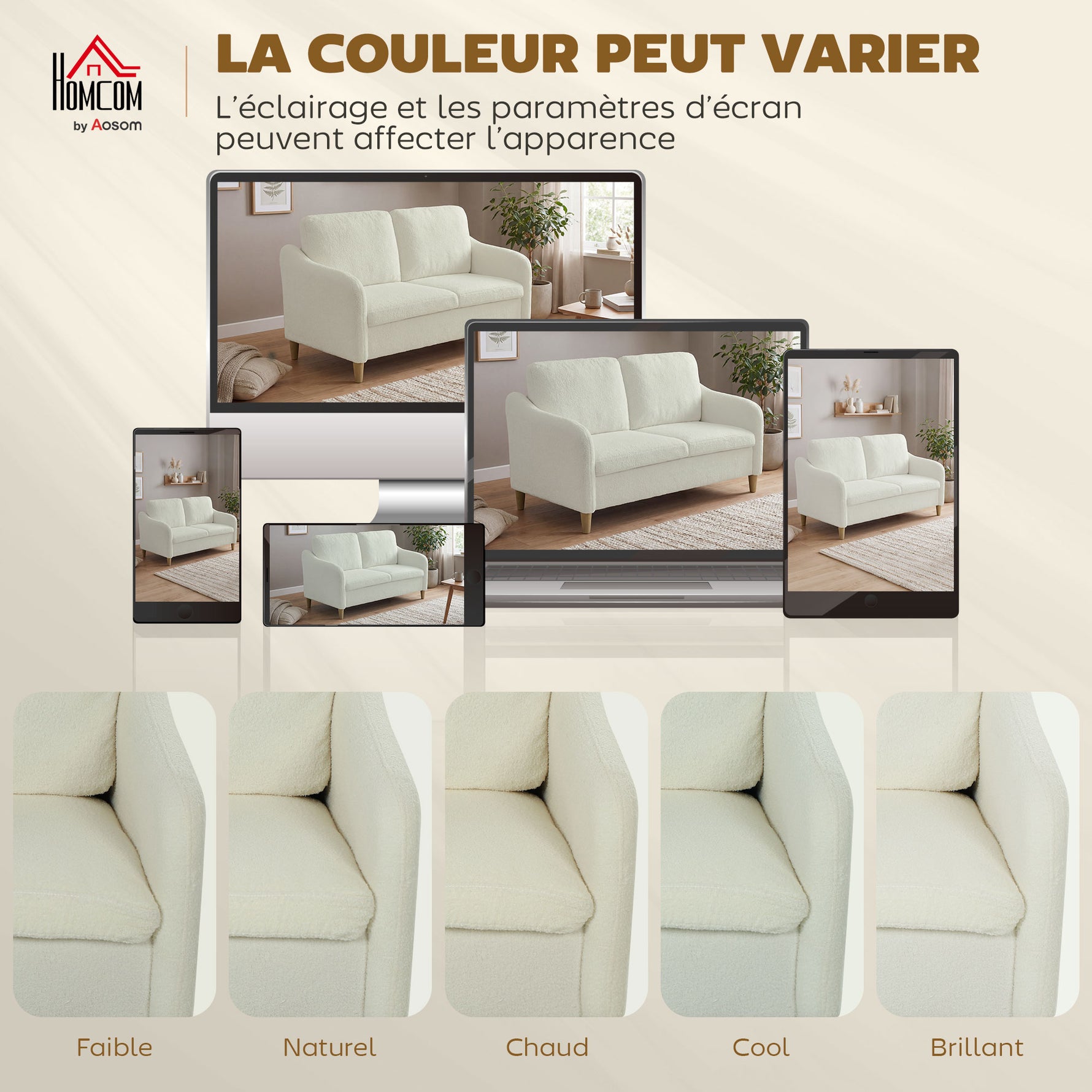 Canapé 2 places, canapé de salon en tissu bouclette avec coussins inclus, assise rembourrée, 137 x 69 x 82 cm, crème