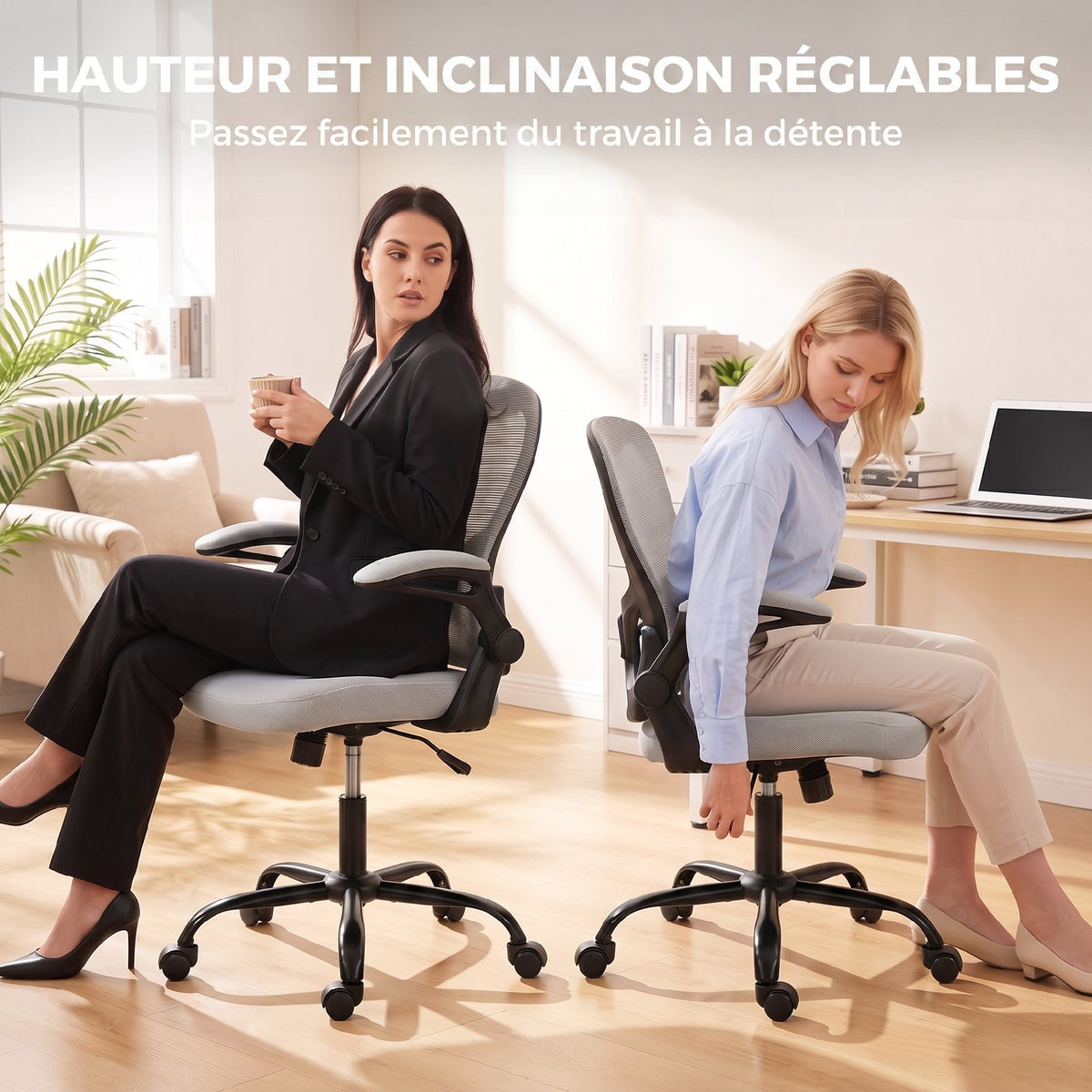 Chaise Bureau Ergonomique, Fauteuil de Bureau Maille, Accoudoirs Relevables, Hauteur Réglable, Fonction Bascule, Gris