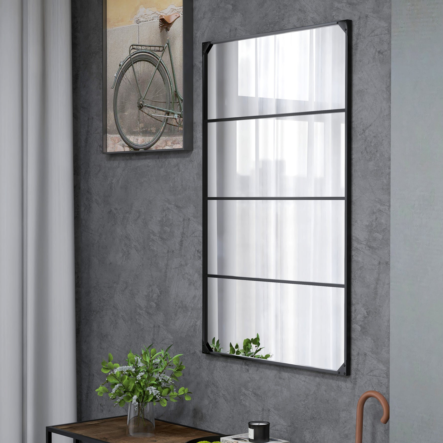 Miroir mural verrière rectangulaire style industriel, horizontal ou vertical avec 4 crochets, en métal noir 109 x 69 cm