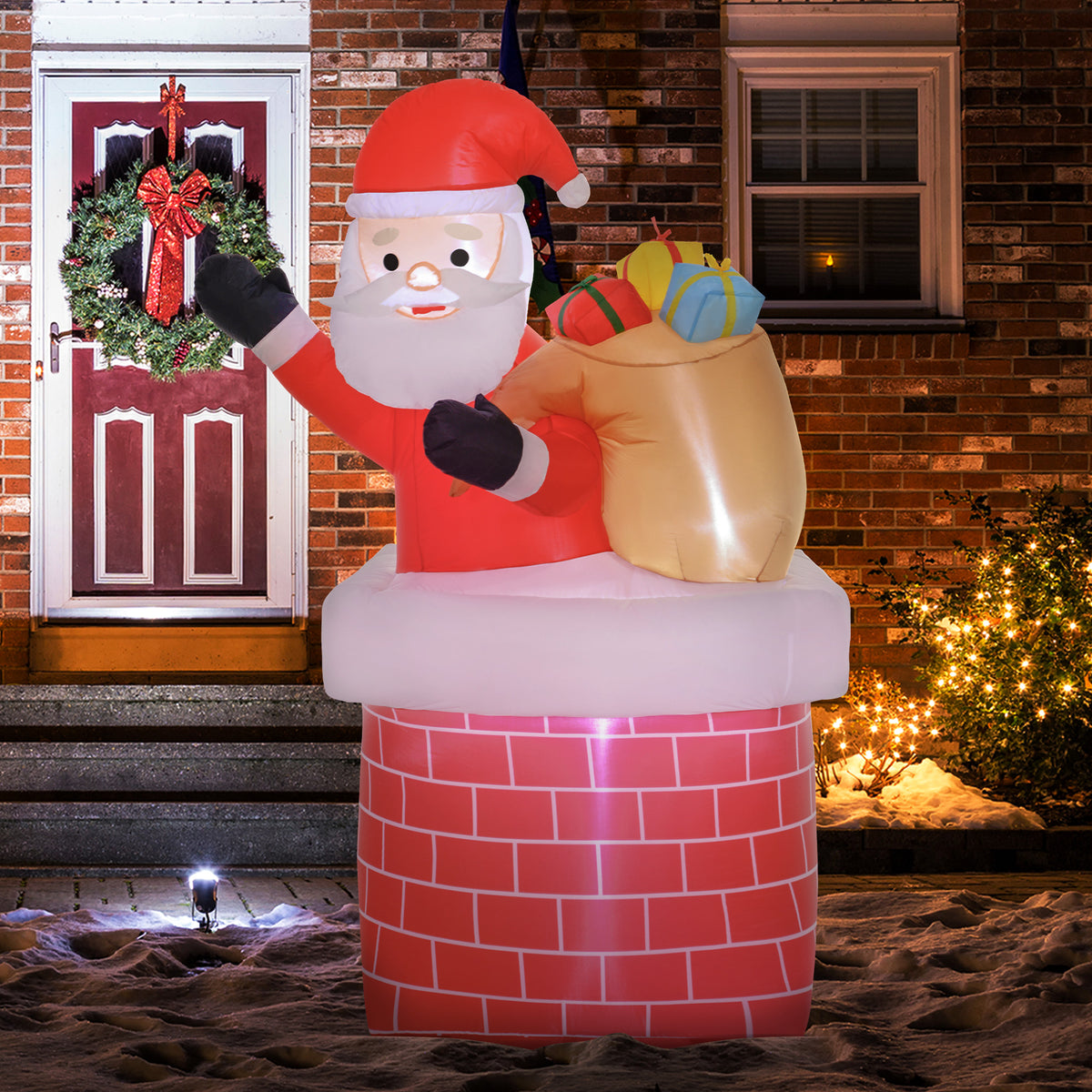 Père Noël gonflable décoration de Noël extérieur avec lumières LED sac de cadeau et la cheminée 130 x 82 x 195 cm rouge
