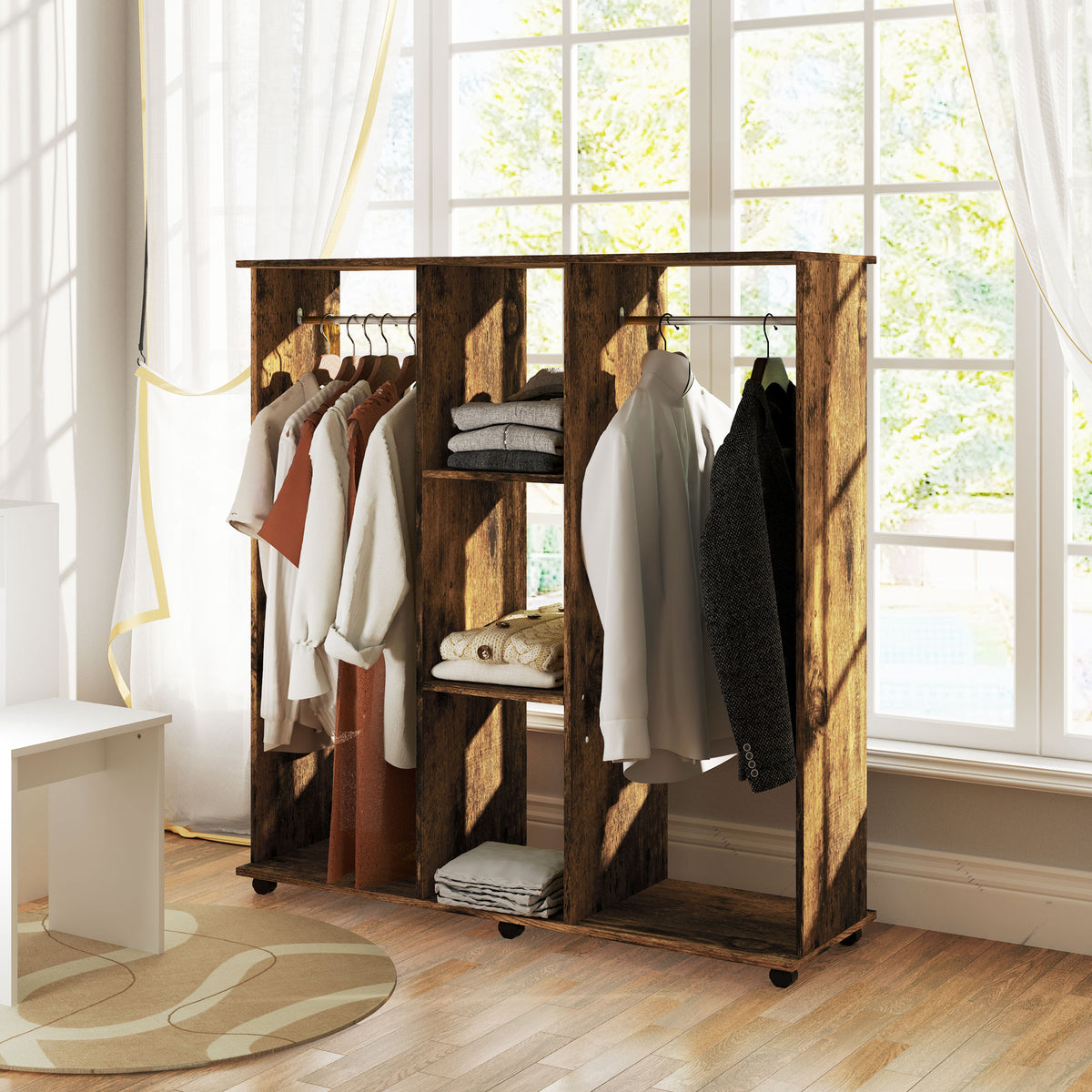 Armadio guardaroba mobile con 6 ruote, 120 x 40 x 128 cm, in legno marrone