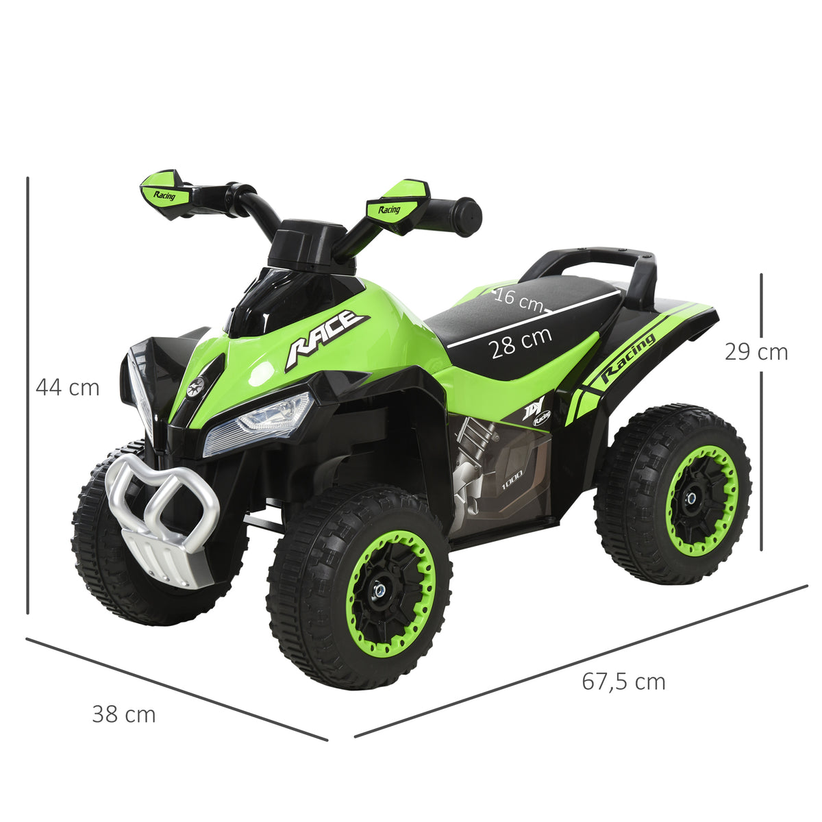 Toddler Quad Ride-on 18-36 Months dim. 67L x 38W x 44H cm Light and Sound Effects Green Black