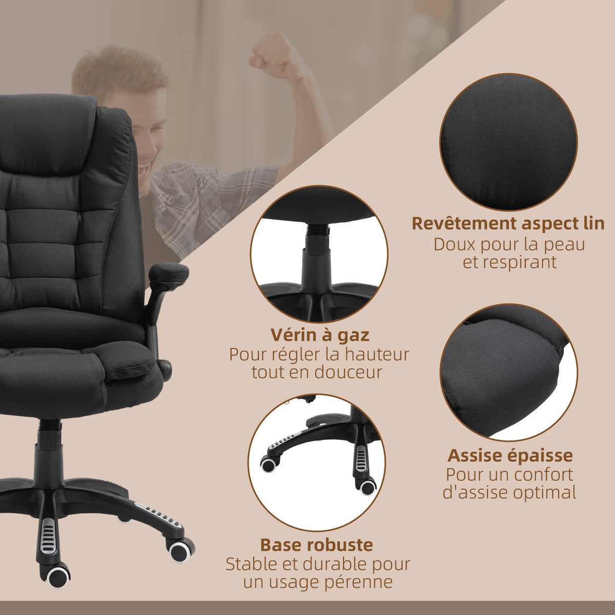 Fauteuil de bureau massant et chauffant, chaise de bureau, chaise ergonomique avec hauteur réglable, dossier