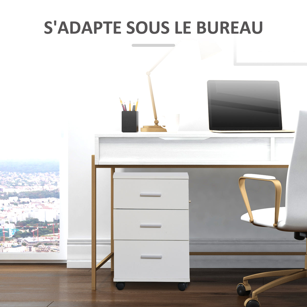 Caisson de Bureau Rangement Bureau sur Roulettes 3 Tiroirs Verrouillables 40 x 40 x 61,5 cm Blanc