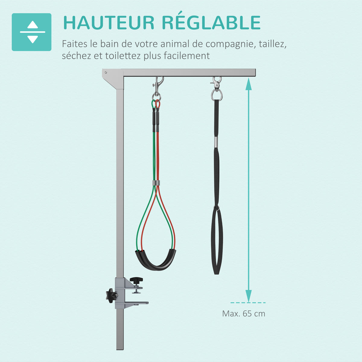 Bras de toilettage pliable pour animaux de compagnie en acier inoxydable avec collier de serrage pour chiens de grande et petite taille hauteur réglable max. 74 cm