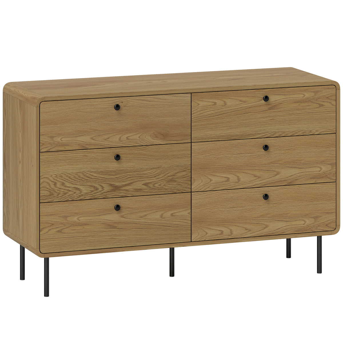 Commode 6 tiroirs meuble de rangement style moderne coins arrondis et pieds en acier 120 x 40 x 75cm effet bois de chêne