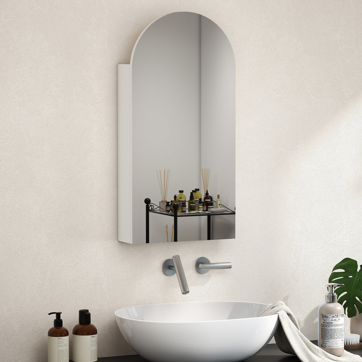 Armoire murale salle de bain avec miroir, meuble salle de bain sans cadre en arche et étagères en verre réglables, blanc