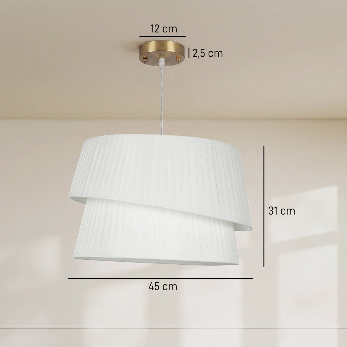 Suspension Luminaire Élégante à Double Abat-Jour, Rosace Dorée, Câble Réglable, Ampoule Non Incluse E14 40 W, Blanc