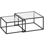 Lot de 2 tables basses gigognes, table de salon avec plateau en verre trempé et structure en métal, noir
