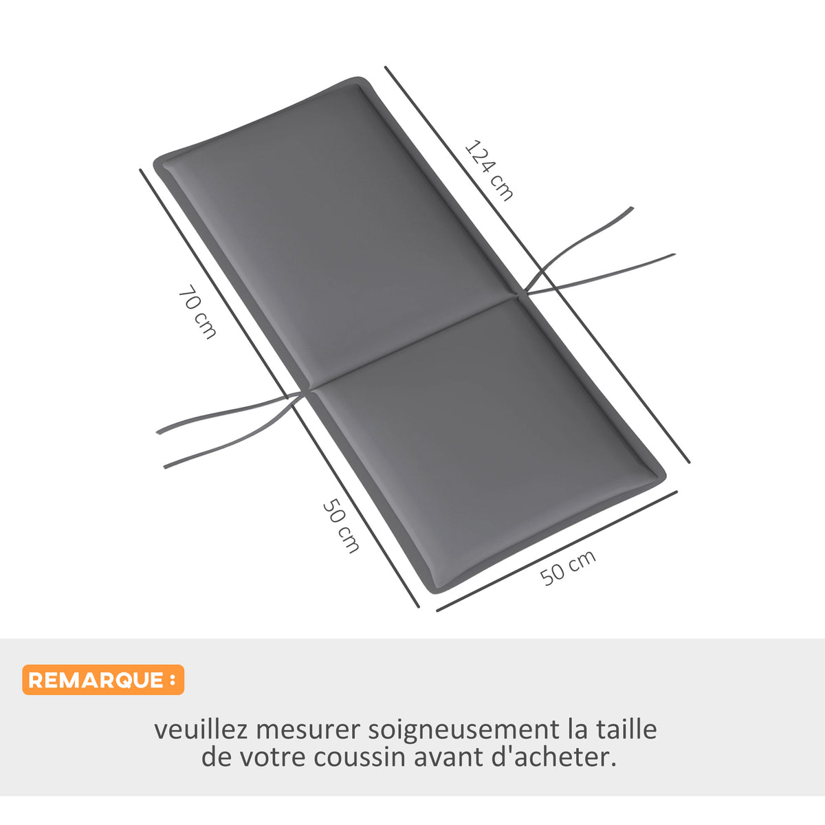 Lot de 4 coussins de chaise extérieur avec attaches et bande réglable, anti-décoloration UPF50+, 124x50x5cm, gris