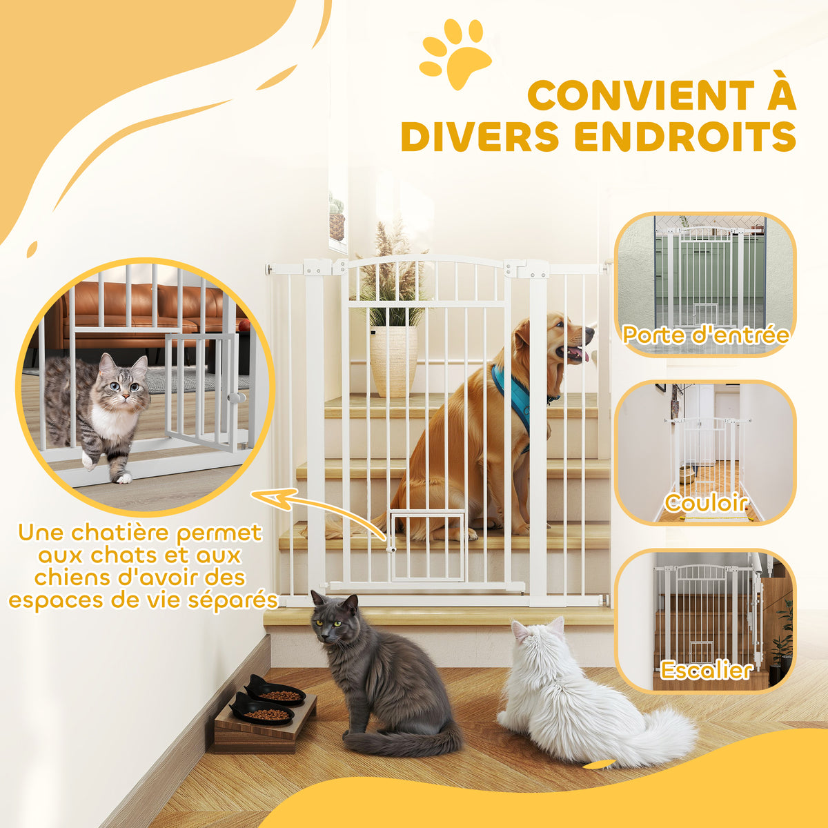 Barrière pour chien, largeur ajustable 76-102cm, barrière extra large avec porte pour chat, blanc