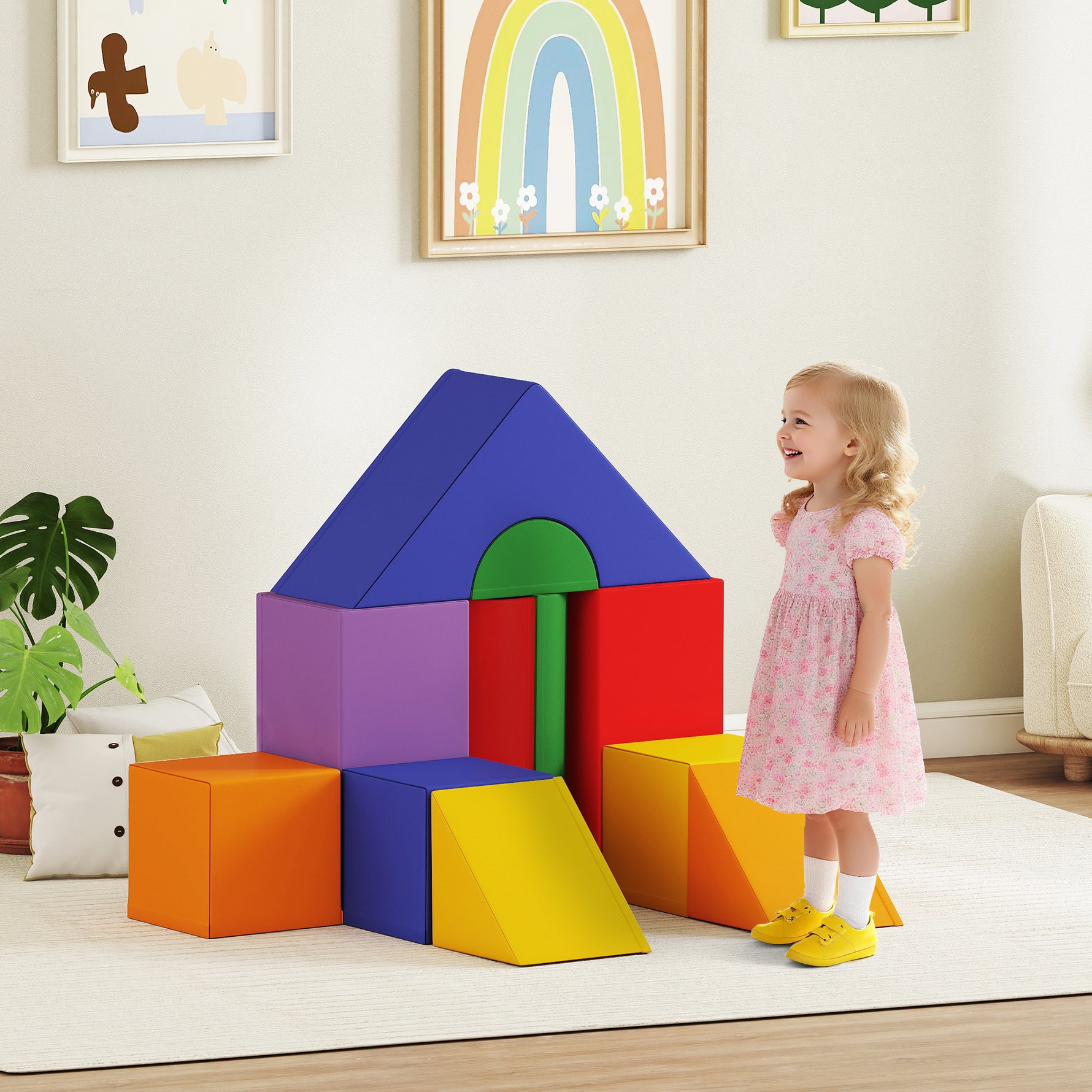 Parcours motricité bébé 11PCS, module motricité bébé en mousse EPE avec housse en revêtement synthétique, blocs mousse de construction, jouets éducatifs pour enfants de 1-3 ans, multicolore