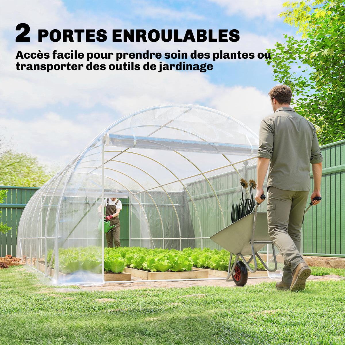 Serre tunnel de jardin 18m² serre de jardin tunnel 296x597x199cm cadre acier galvanisé, bâche PE 150g/m² transparent