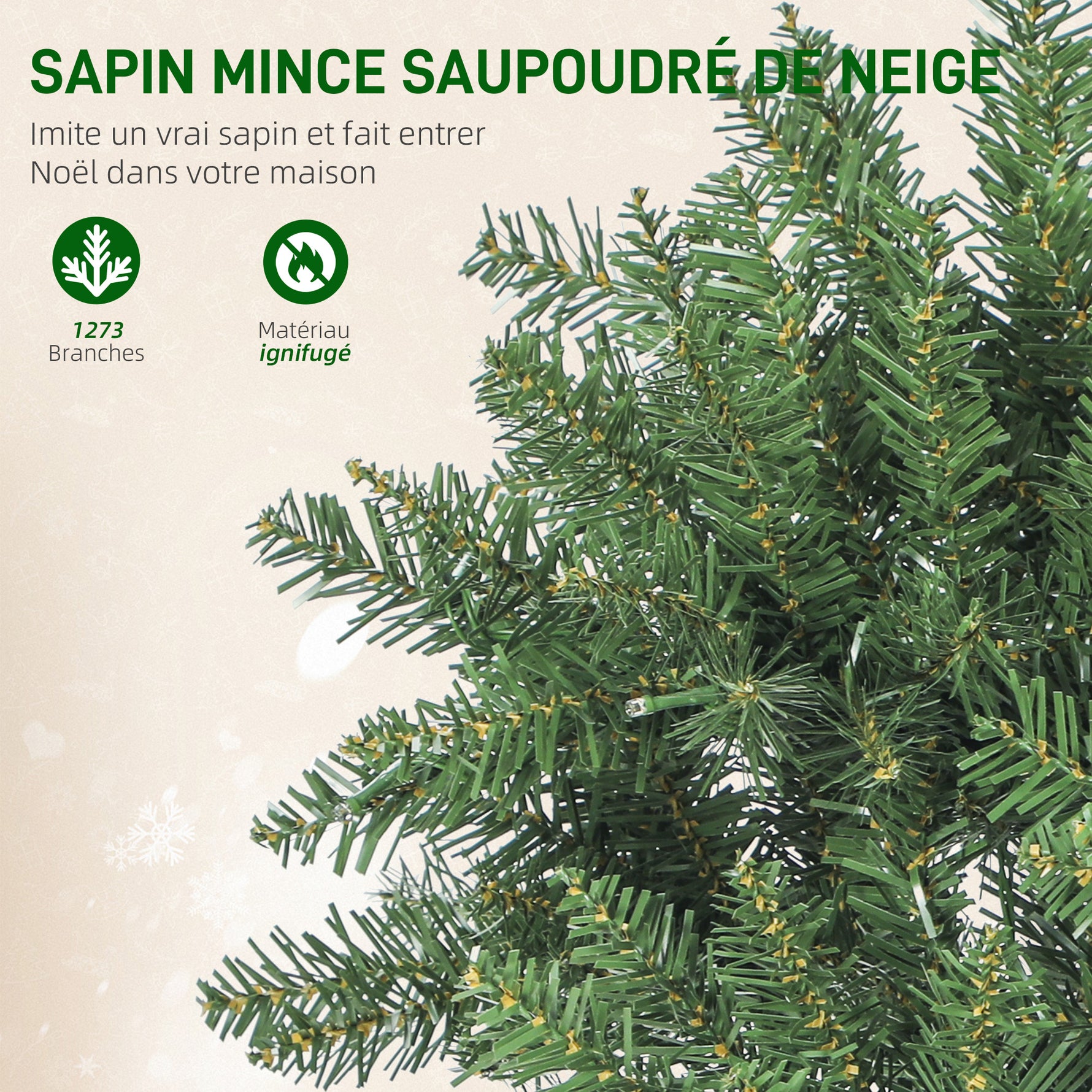 Sapin de Noël artificiel 210 cm, arbre de Noël fin avec 350 lumières, 1273 pointes, support en métal pliable, vert
