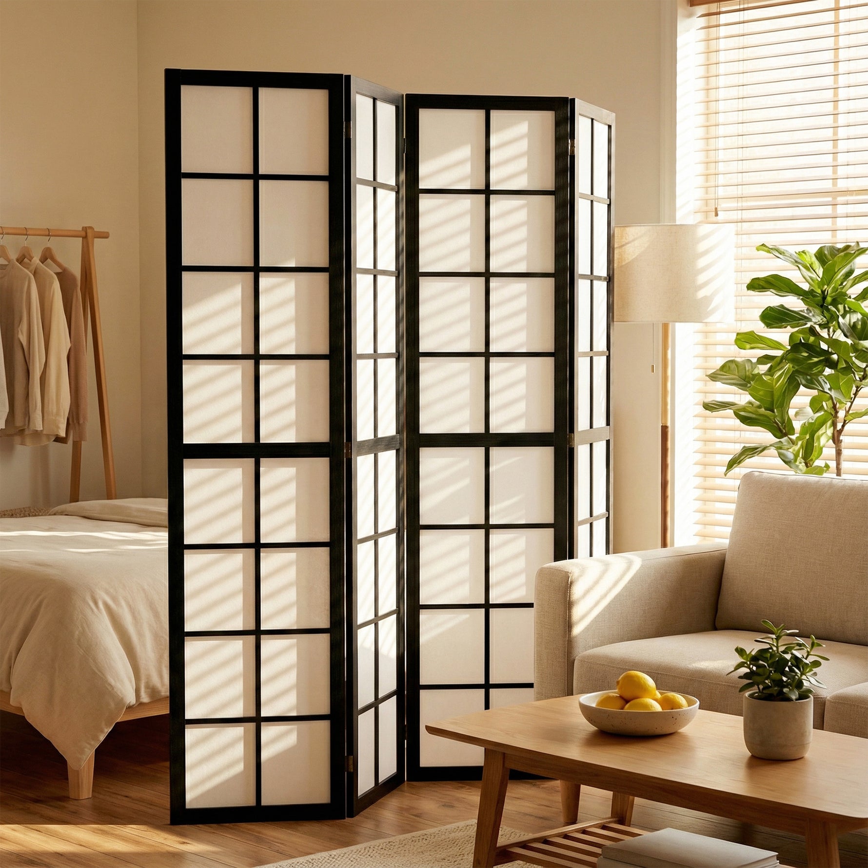 Paravent interieur pliable 4 panneaux 160 x 170 cm séparateur de pièce pour salon chambre à coucher maison, noir