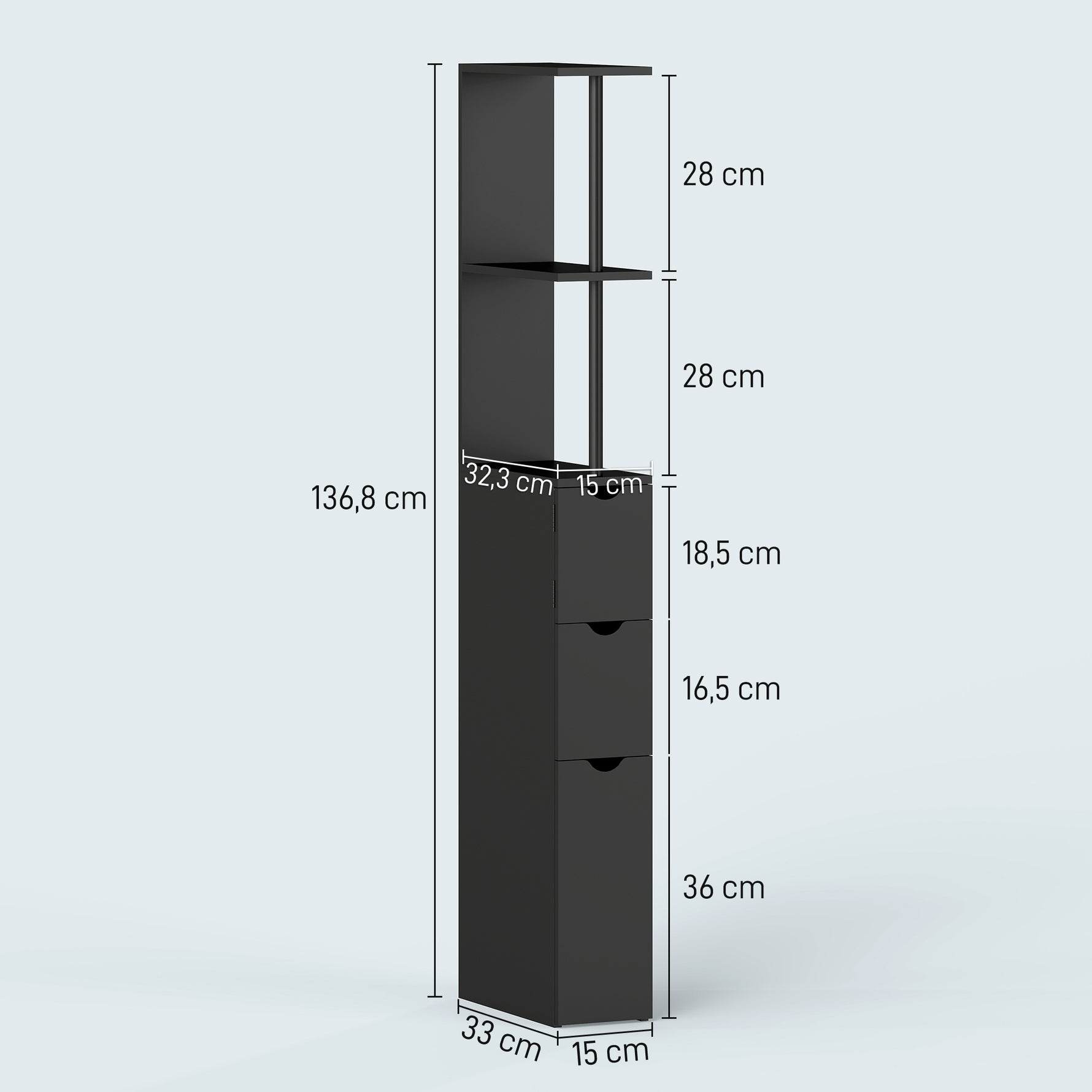 Meuble colonne salle de bain armoire de salle de bain avec tiroirs étagères ouvertes placard 15 x 33 x 136,8 cm noir