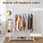 Portant à vêtements, porte-manteau sur roulettes avec étagère à chaussures et 5 crochets, 120 x 43 x 171 cm, blanc