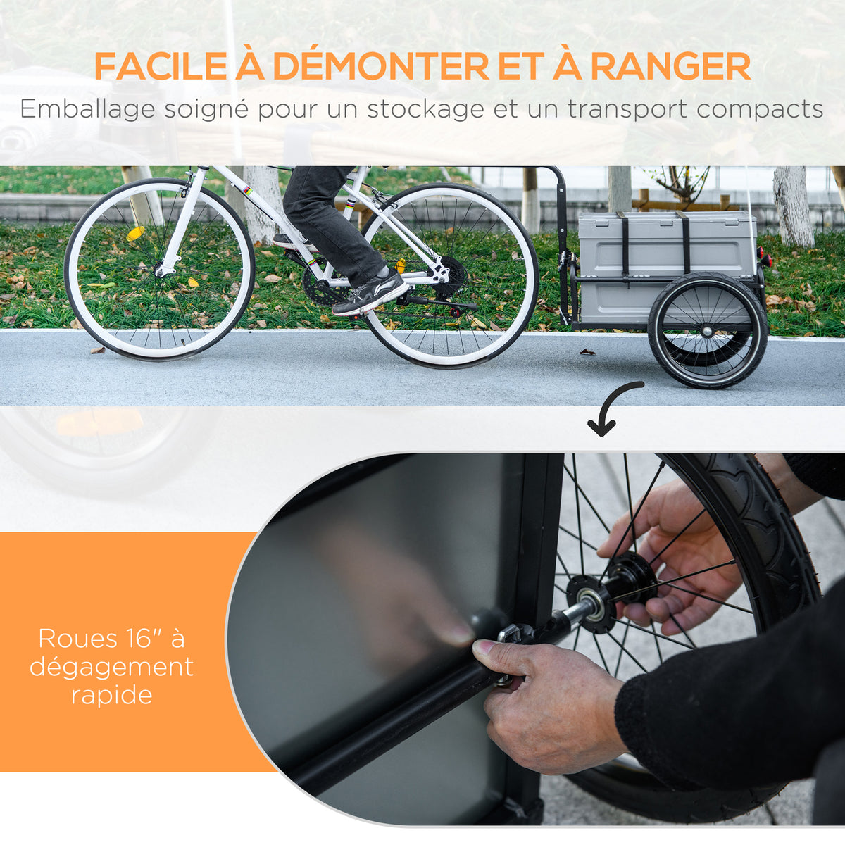 Remorque à vélo avec coffre de rangement amovible et pliable de 65L, réflecteurs de sécurité, charge max. 40KG, gris