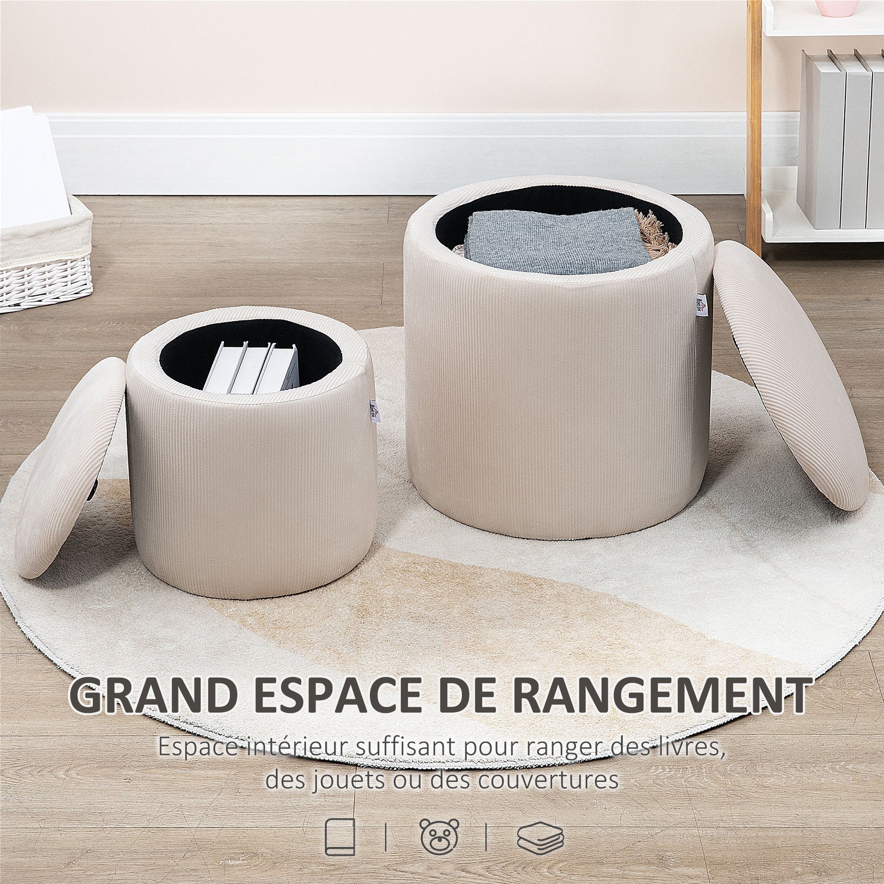 Lot de 2 poufs tabourets repose-pieds coffre de rangement en tissu aspect velours côtelé Ø40 cm et Ø30 cm, crème