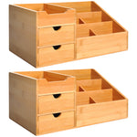 Lot de 2 boîtes de Rangement de Bureau - Organiseur de Bureau - 7 Compartiments, 2 tiroirs - Bambou Verni