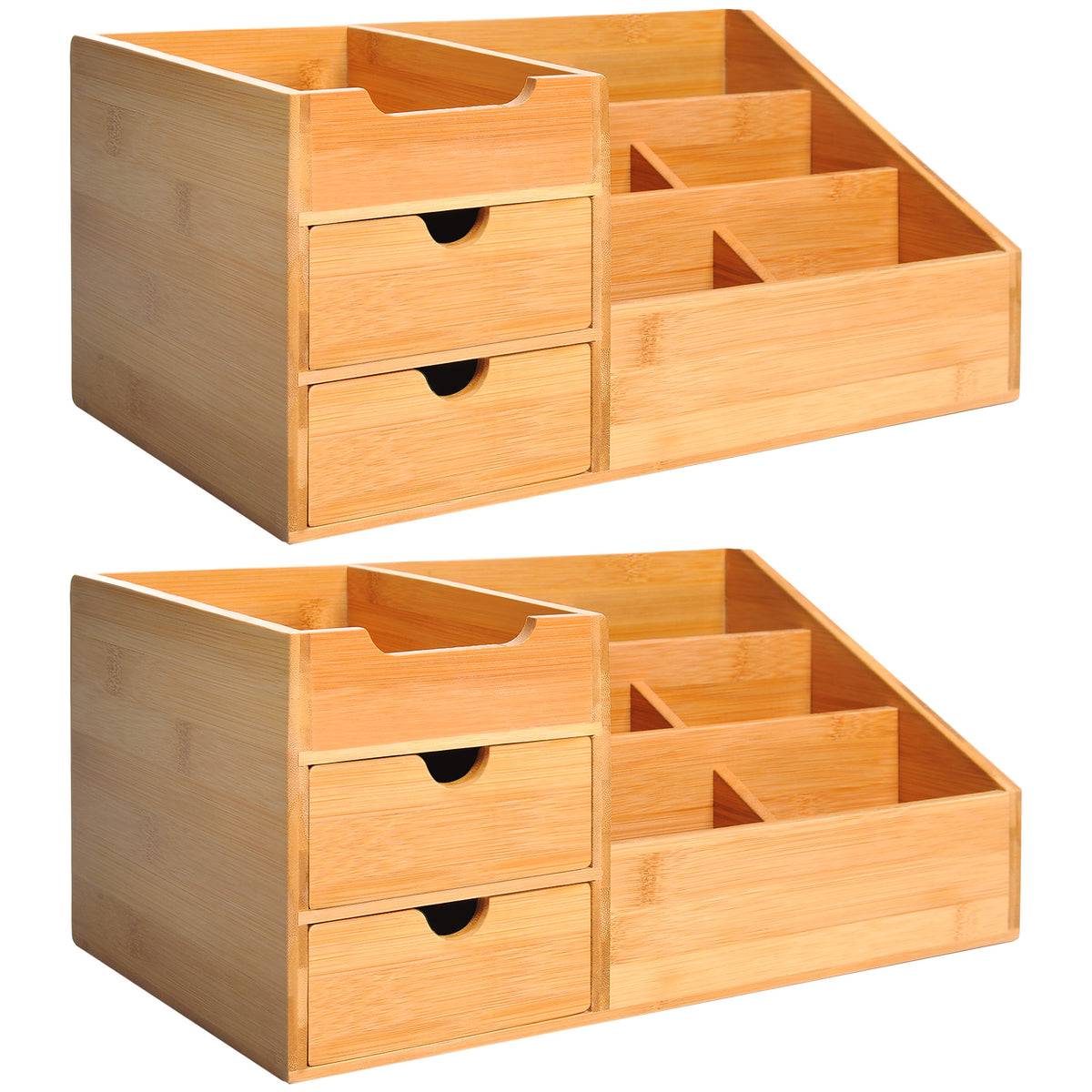 Lot de 2 boîtes de Rangement de Bureau - Organiseur de Bureau - 7 Compartiments, 2 tiroirs - Bambou Verni