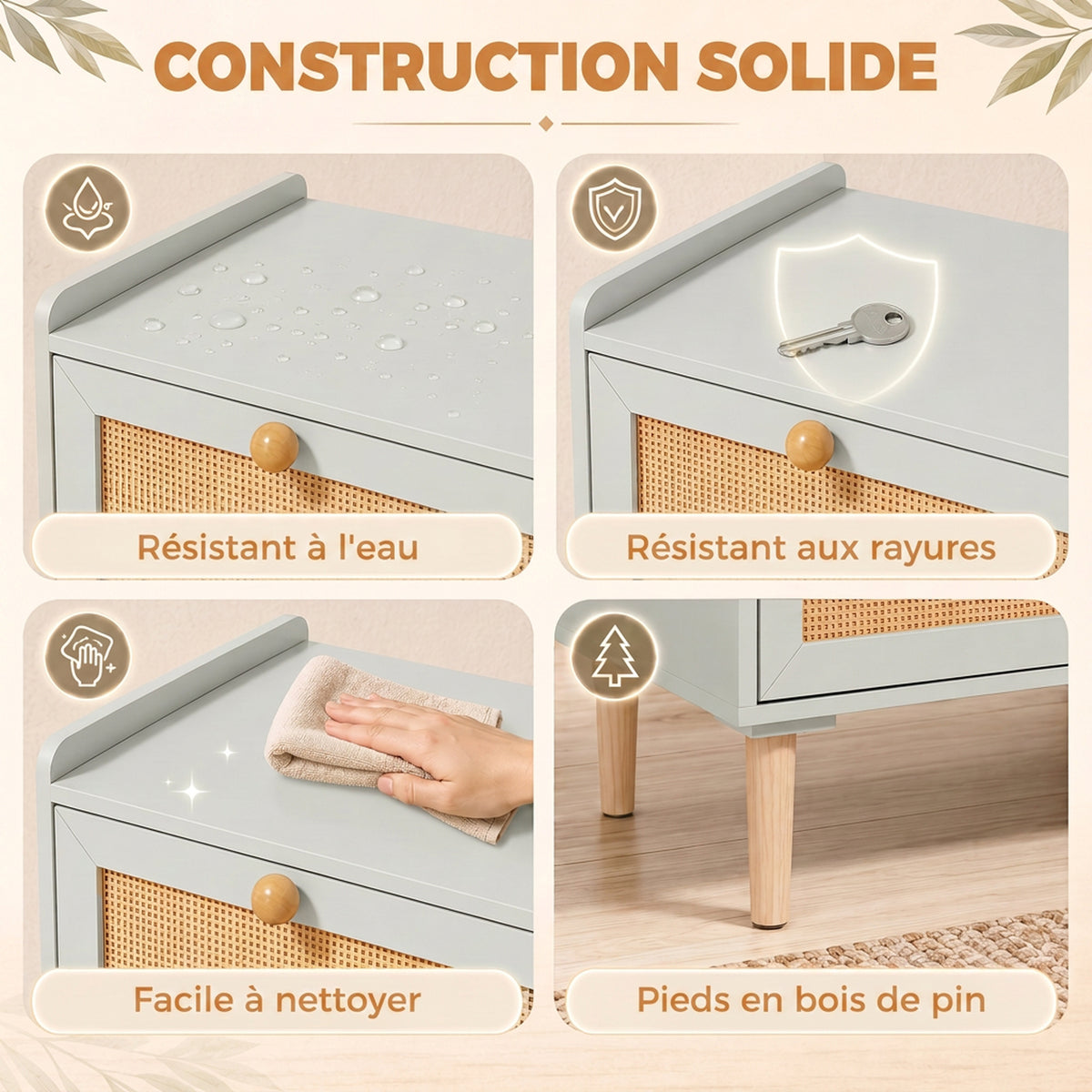 Commode 4 Tiroirs en Bois et Rotin PVC, Style Bohème, pour Chambre à Coucher, Entrée, Couloir, 80x40x109,2cm, Vert Sauge