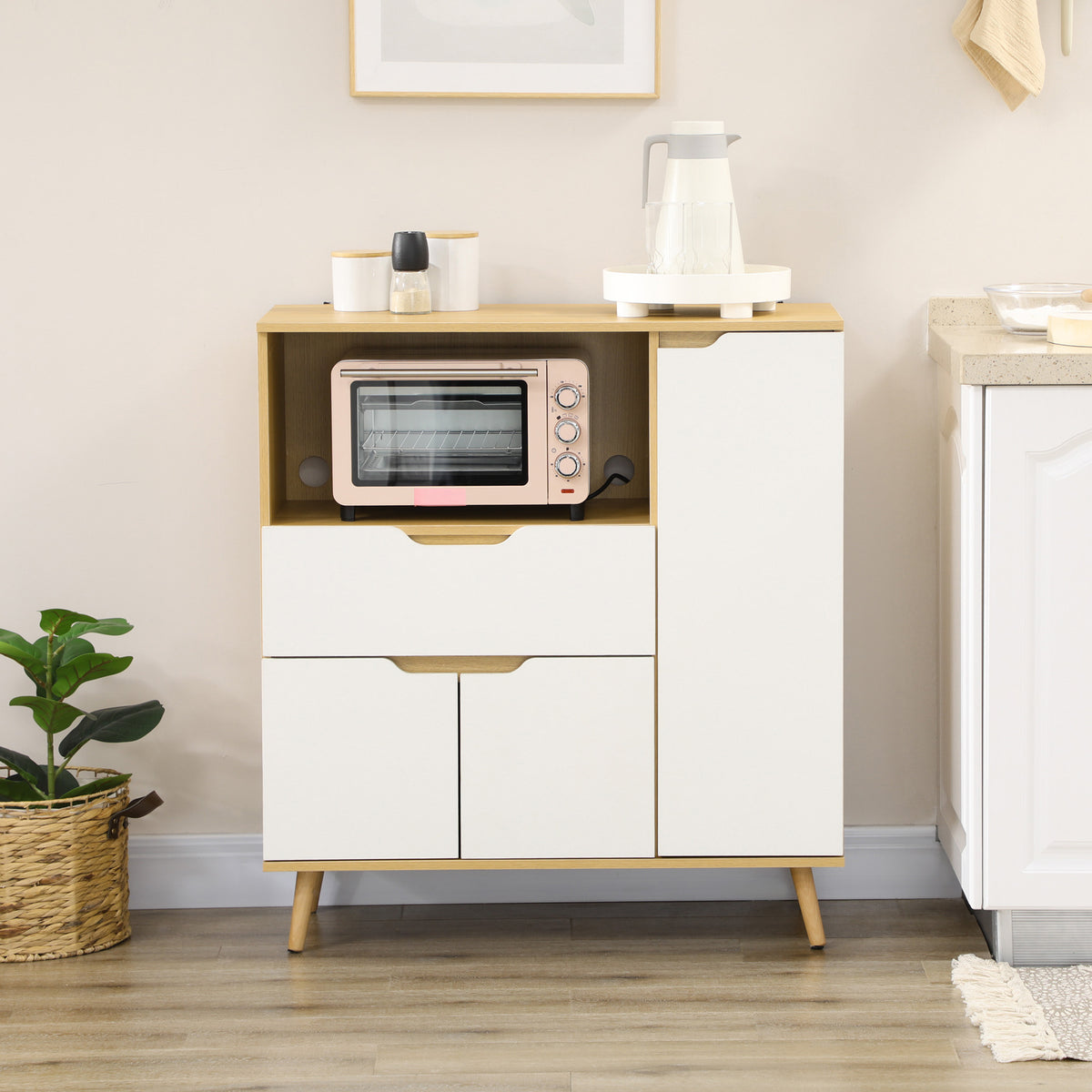 Meuble de rangement cuisine pour micro-ondes, 1 tiroir, 2 placards une étagère, 90 x 40 x 98,5 cm, bois et blanc