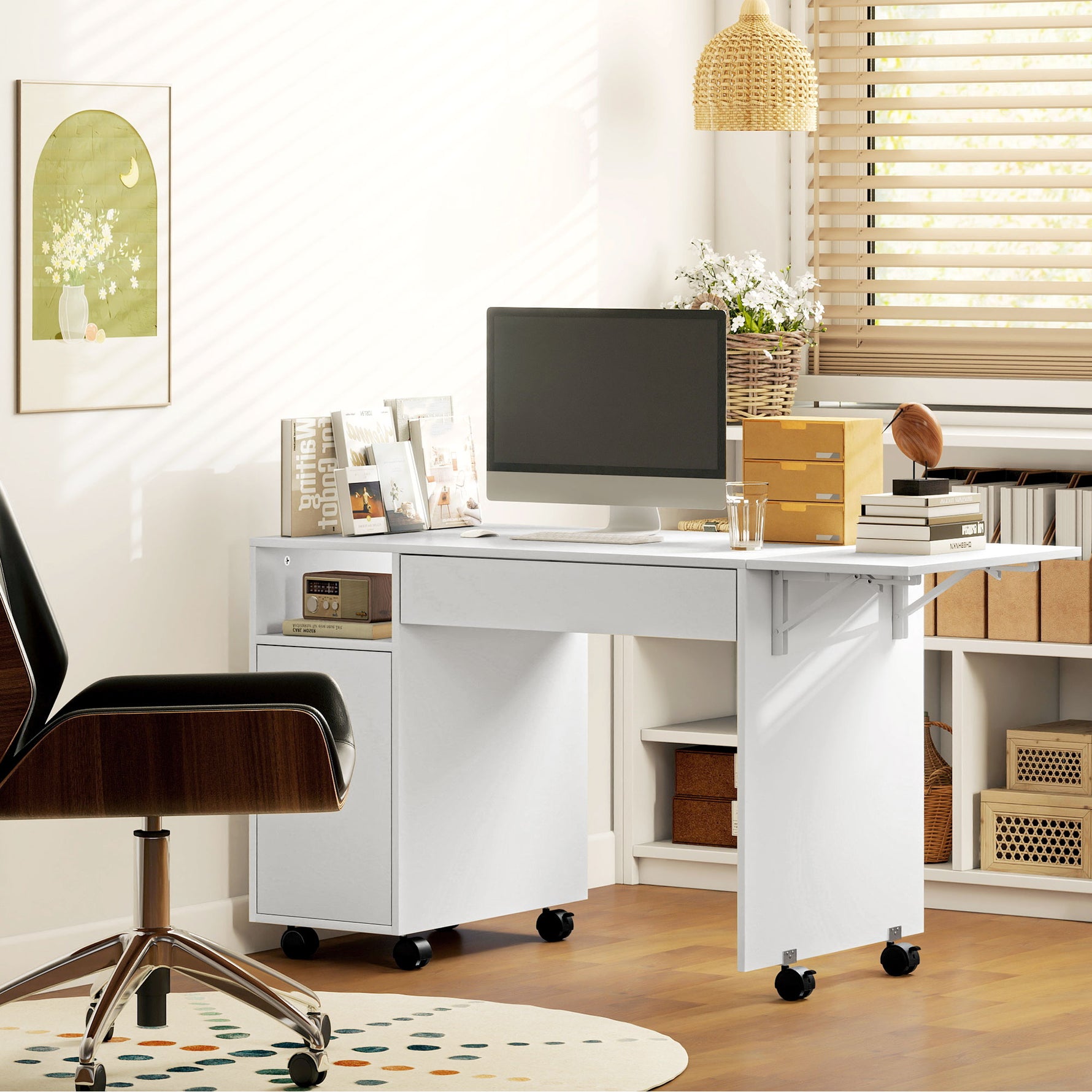 Bureau d'ordinateur sur roulettes, table informatique avec abattant, tiroir, placard et compartiment, 130 x 58 cm, blanc