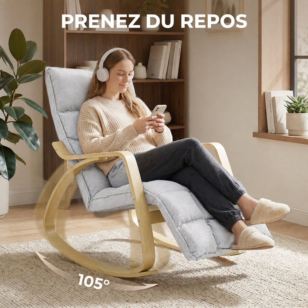 Poltrona a dondolo con poggiapiedi regolabile, sedia a dondolo con gambe in legno di betulla, 67x93x105 cm, grigio chiaro