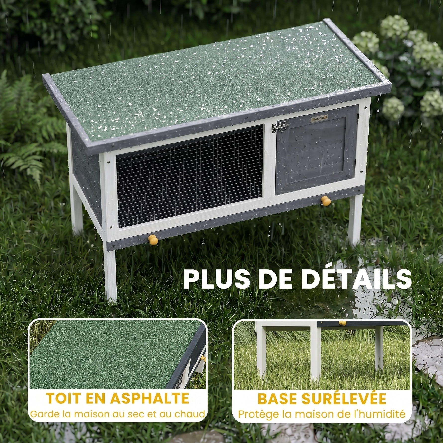 Clapier Lapin Extérieur en Bois, avec Toit Ouvrable en Asphalt et Plateau Coulissant, Design Surélevé, 90x45x65cm, Gris