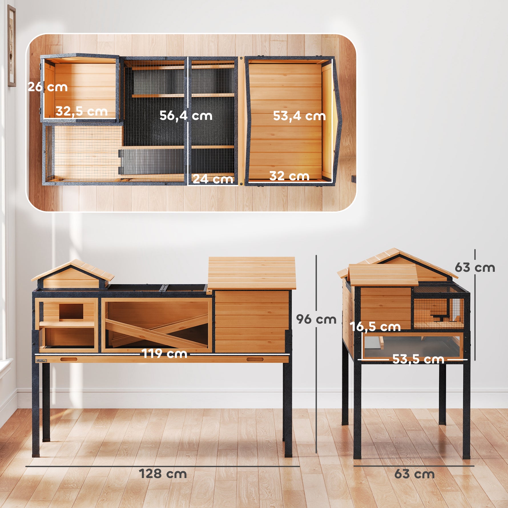 Maison pour tortues à 2 étages 2 chambres fenêtres rampes toit ouvrable et plateau 128 x 63 x 96 cm jaune