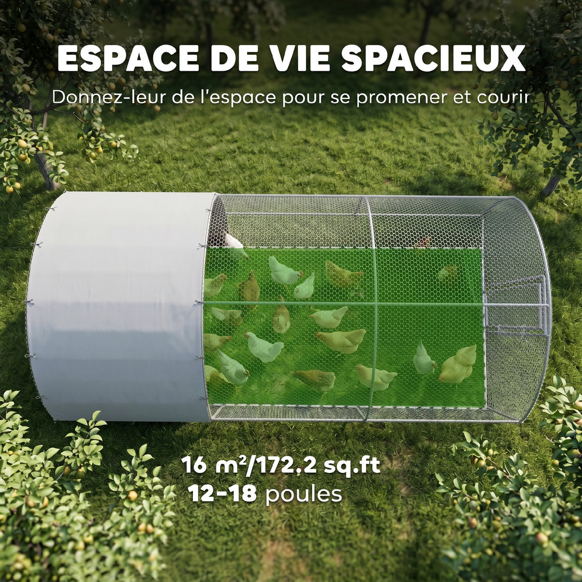 Grande recinto per pollaio 15,96 ㎡, parco recintato, tetto anti-UV, porta bloccabile, 2,8 x 5,7 x 1,97 m, argentato