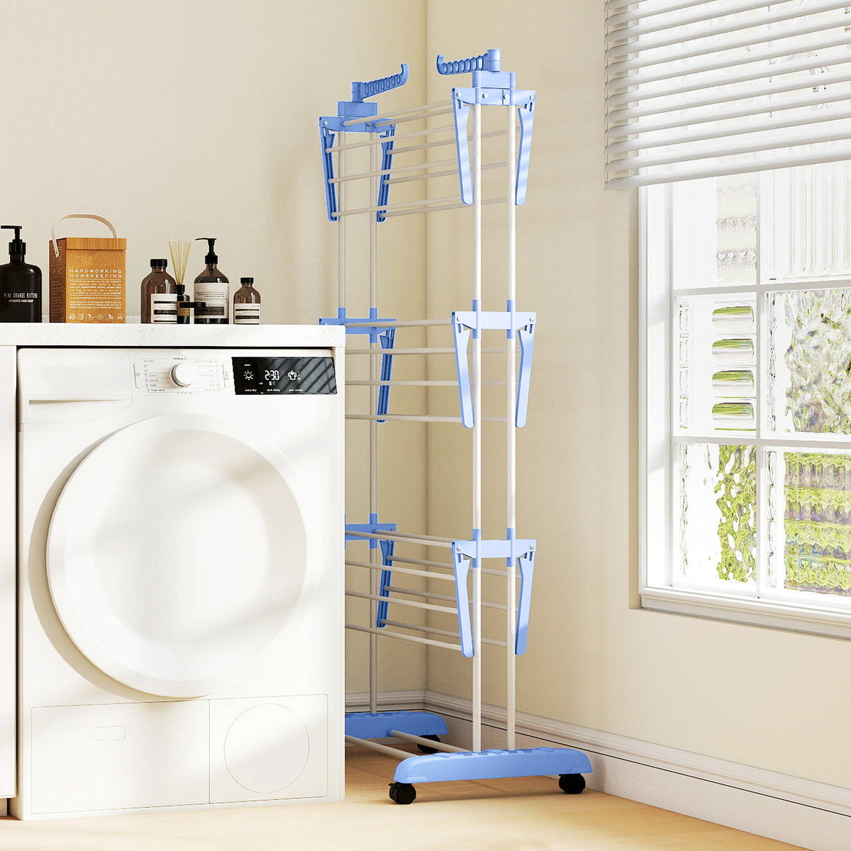 Séchoir étendoir à linge sur roulette pliable ailes latérales intérieure et extérieure 73 x 64 x 177 cm bleu argent