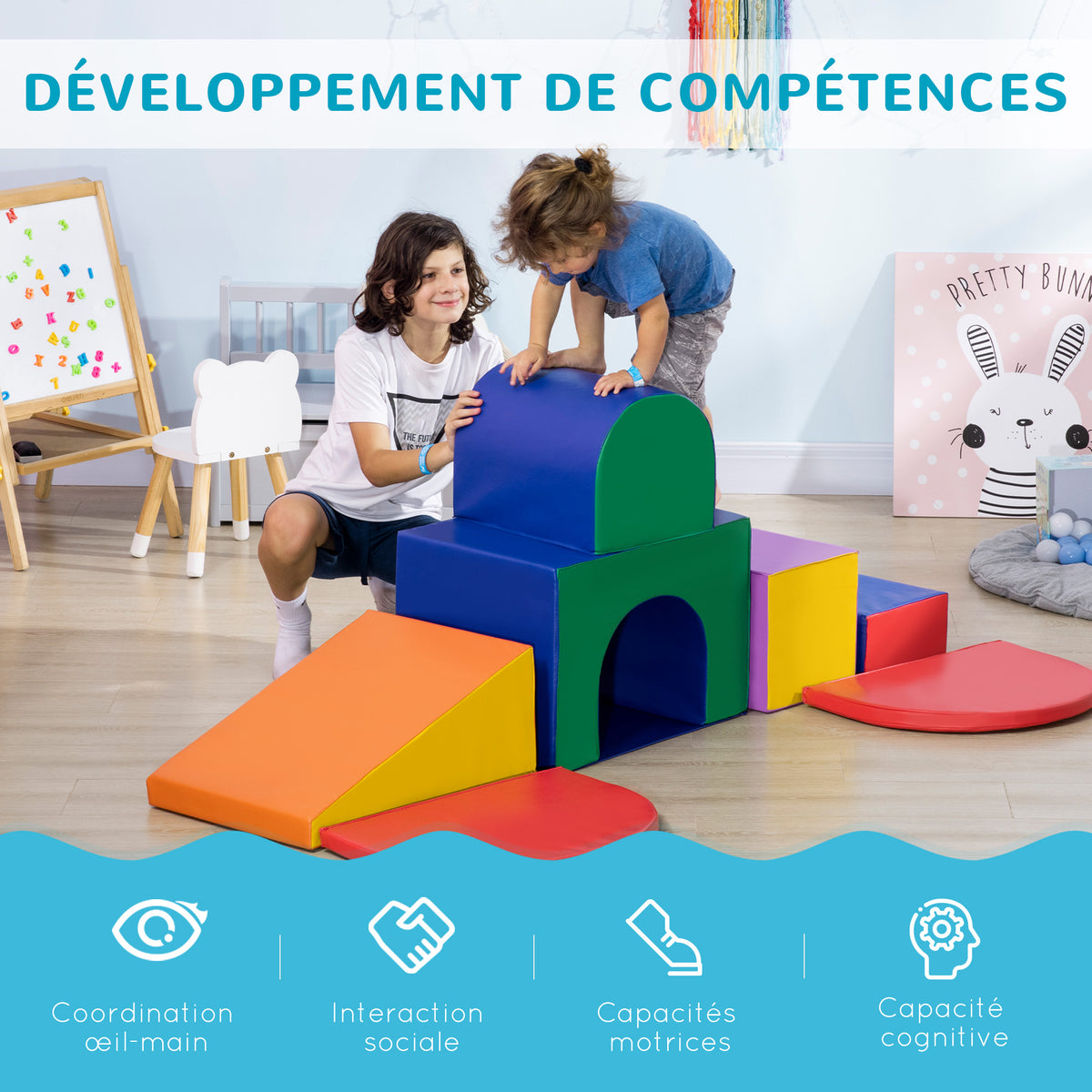 7PCS Parcours motricité bébé, jouet d'escalade, mousse blocs de construction avec revêtement synthétique, jouets éducatifs pour enfants d'âge préscolaire, multicolore