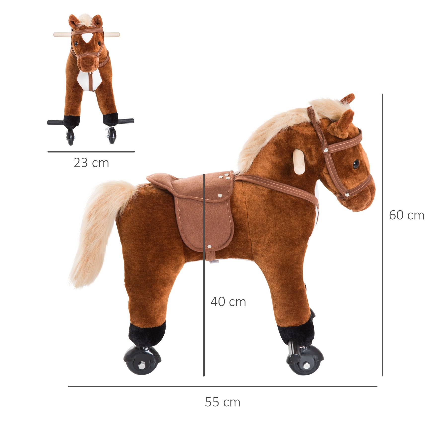 Jouet cheval pour enfant de +24 mois avec 4 roulettes, effet sonore, repose-pieds et guidon, 55x23x60 cm Marron