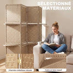 Séparateur de pièces 4 panneaux 2 étagères pliables naturel paille