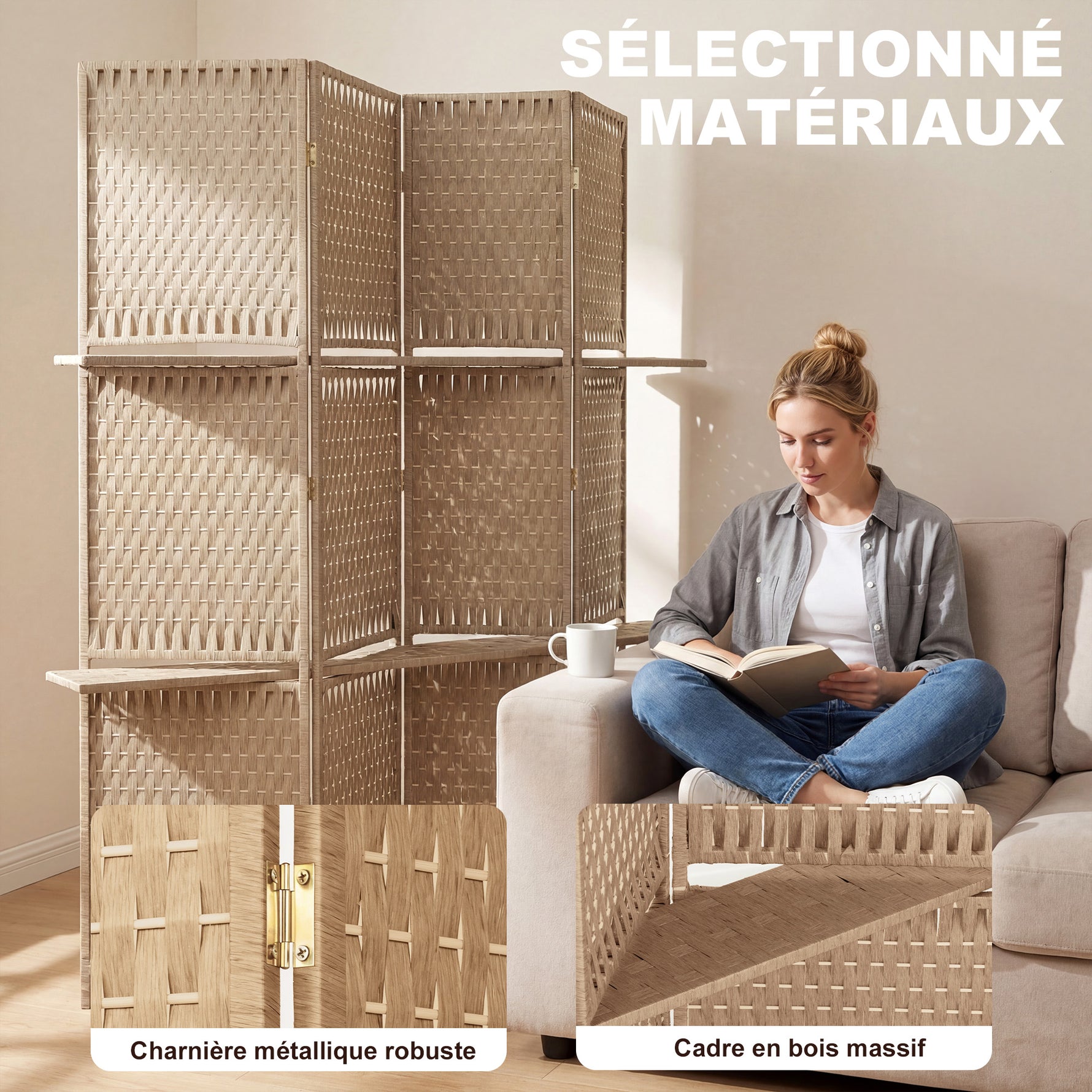 Séparateur de pièces 4 panneaux 2 étagères pliables naturel paille
