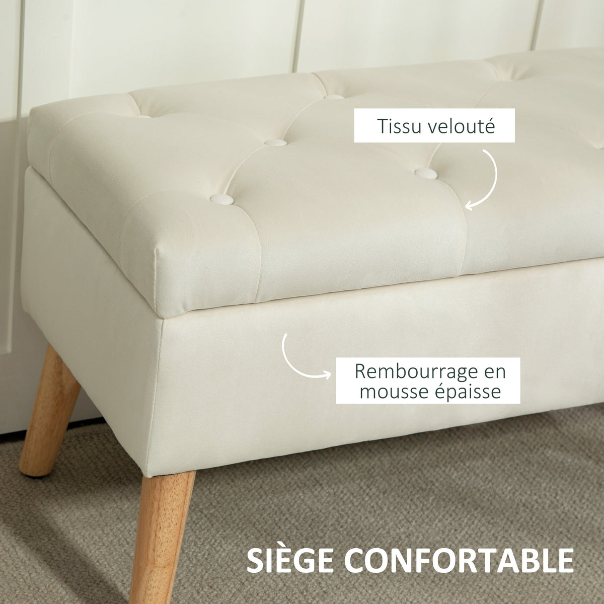 Aufbewahrungsbank, Truhenbank aus Stoff in Samtoptik, Holzfüße, max. Belastbarkeit 120 kg, 80 x 35 x 42 cm, Creme