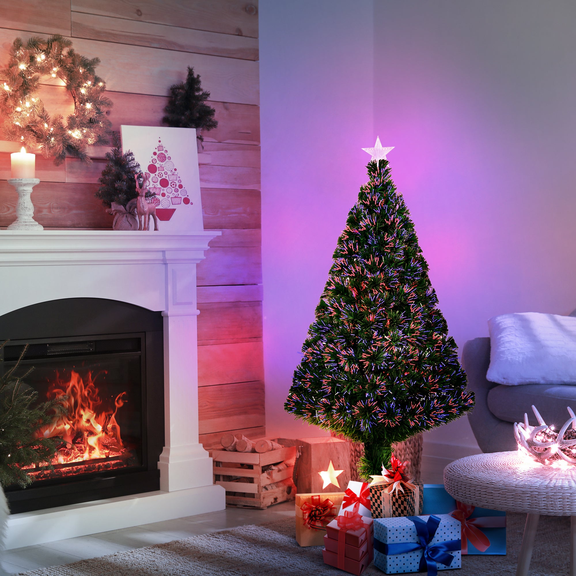 Sapin de Noël Artificiel Lumineux 120H cm Fibre Optique Multicolore + Support Pied 130 Branches étoile Sommet Brillante Vert