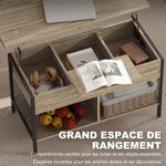Table basse relevable et extensible, table de salon avec compartiment caché étagères ouvertes, 98x49x55cm, bois naturel