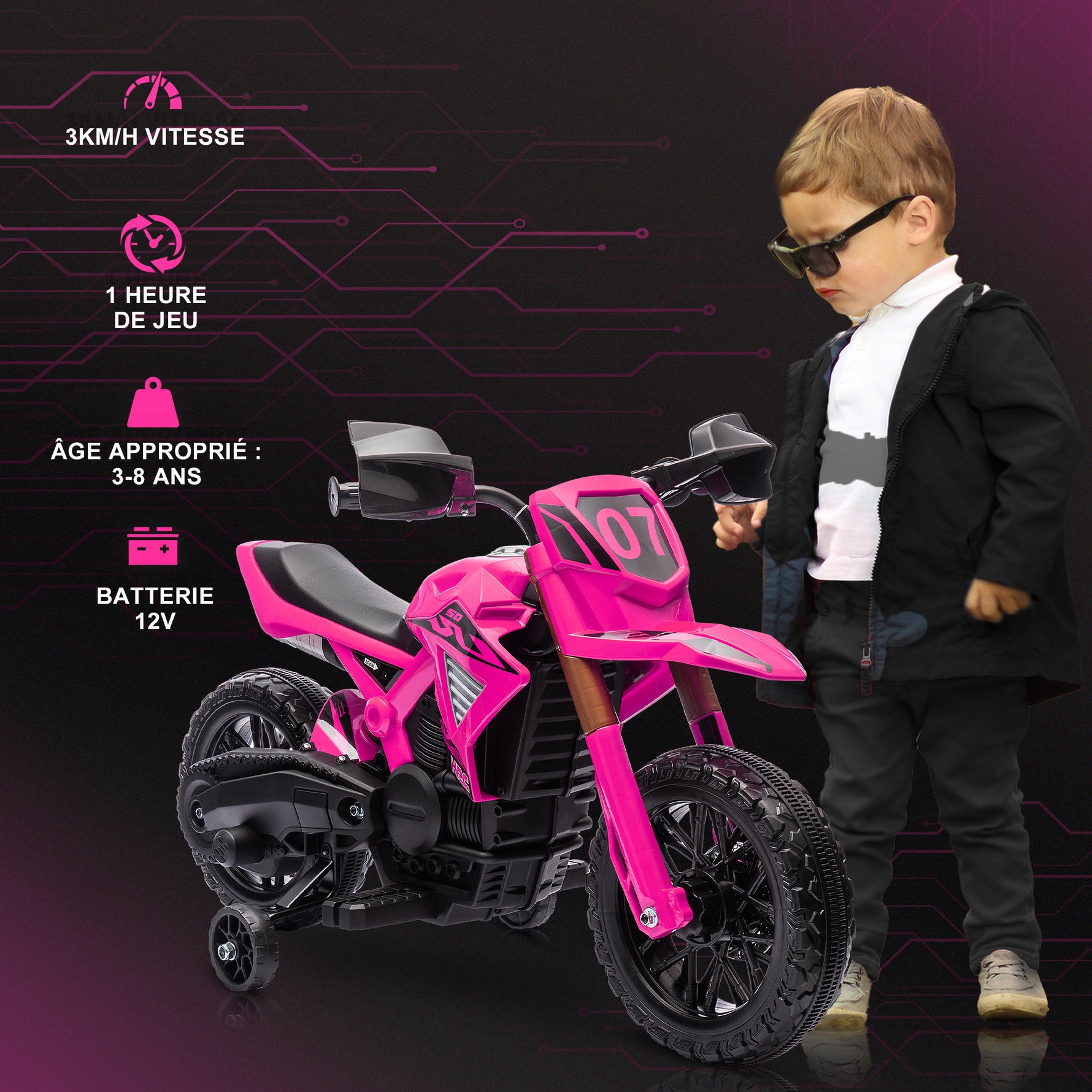 Moto cross électrique pour enfants 3-8 ans, batterie 6 V, 2 moteurs, klaxon et roues d'entraînement, charge 30KG, rose